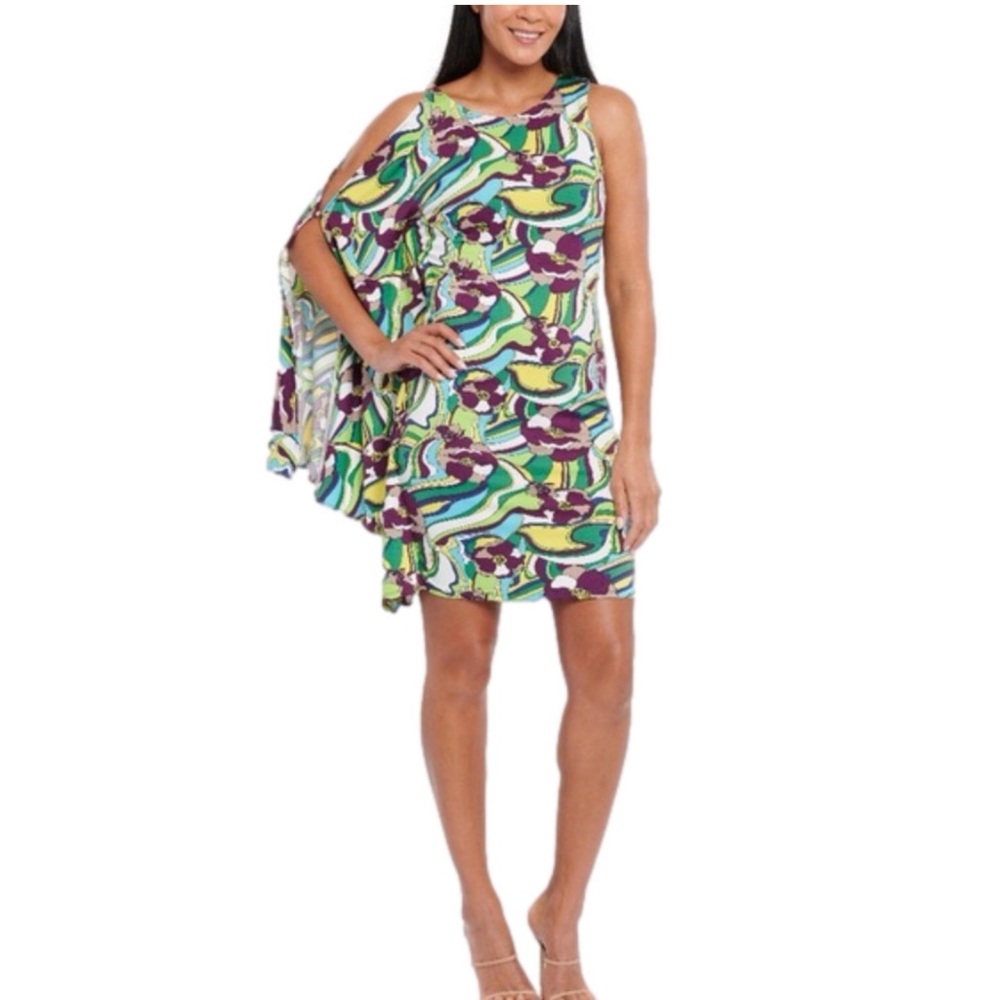 Coldesina Lesley Dress Womens Drape Sleeve Midi Size M MOD Twiggy Print Disco